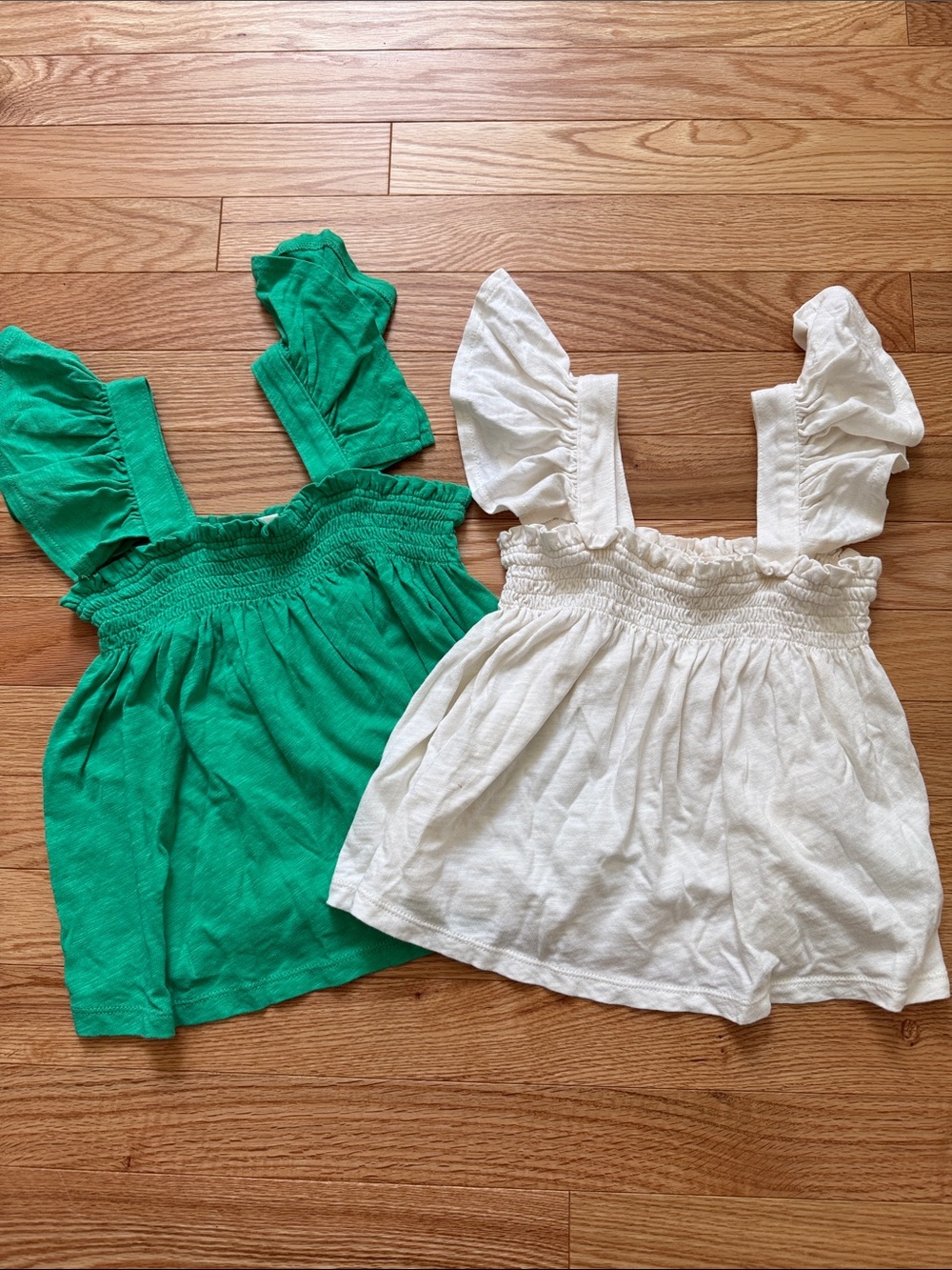 Set of Crewcuts Emerald Green & Off-White Ruffle Smocked Tanks